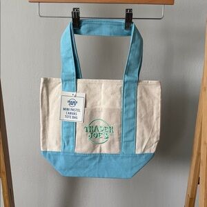 Trader Joe's Mini Canvas Tote Bag - Cream & Light Blue